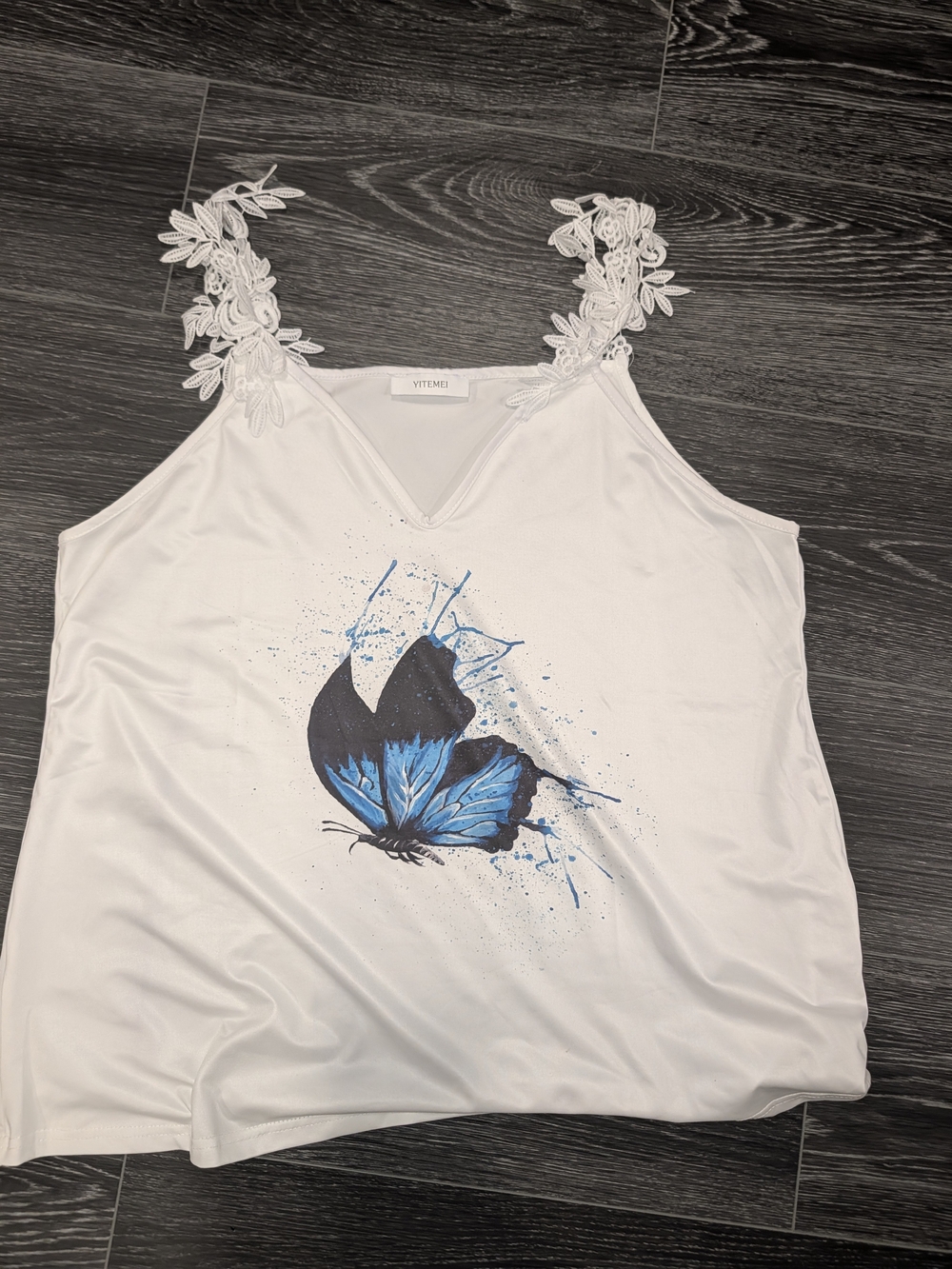 White Lace Strap Tank Top with Blue Butterfly